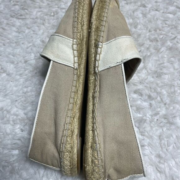 Tory Burch Canvas Khaki & beige espadrilles slip on gold tone logo accent SZ9.5 - Picture 4 of 13